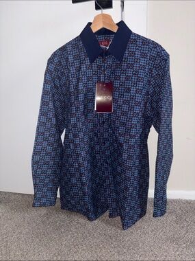Gucci Men’s Blue Logo-Print Dress Shirt with Navy Collar